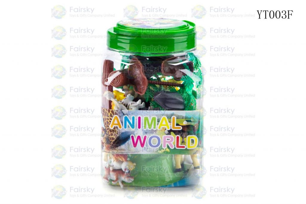 SET OF 40 PCS PVC FUNNY WILD ANIMALS WITH ACCESSORIES IN 14x20cm PLASTIC TUB